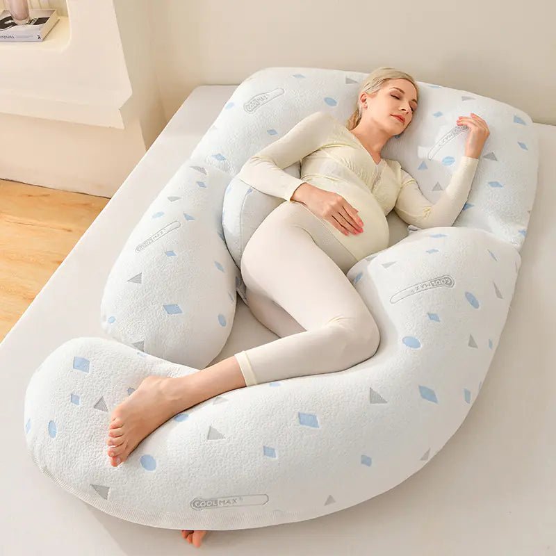 BellyNest G-shaped full body pregnancy pillow with COOLMAX fabric for cooling comfort and temperature regulation during pregnancy.