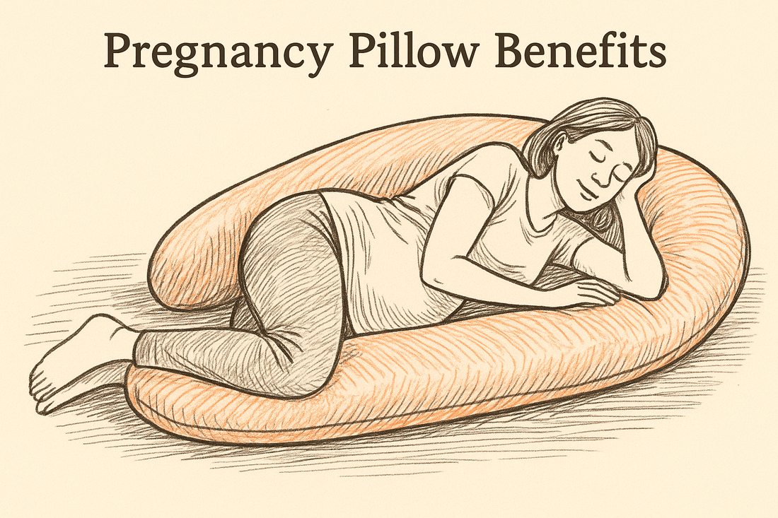 Sketch-style illustration of a pregnant woman resting with a supportive pregnancy pillow, emphasizing comfort and relaxation.